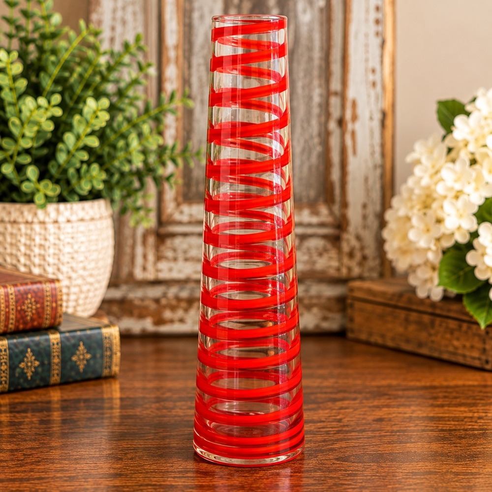 Hand Blown Art Glass Tapered Cylinder Vase Red Spiral Swirl 13.5 Inch